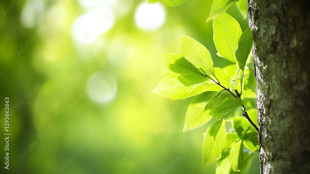 Poster Vibrant green leaves on a tree trunk with soft natural light shining through creating a serene atmosphere : Generative AI
