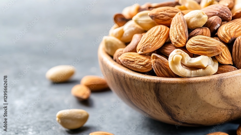 Poster an assortment of mixed nuts in a wooden bowl placed on a textured stone surface : generative ai