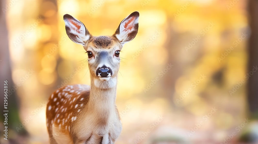Poster Young fawn standing in a beautiful autumn forest with soft bokeh background : Generative AI