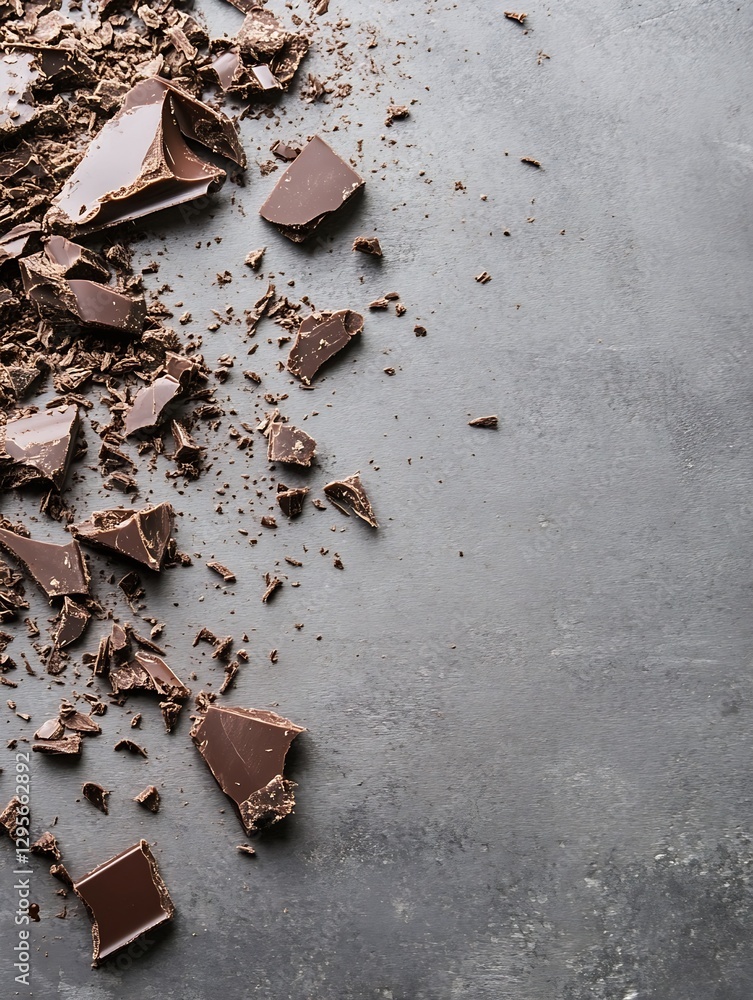 Aufkleber chunks of broken dark chocolate scattered on a gray stone surface creating a tempting treat : genera