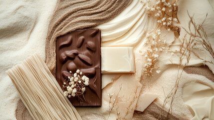 Fototapeta premium Intricate arrangement of chocolate, flowers, and natural elements on a textured surface highlights a harmonious composition of flavors and aesthetics