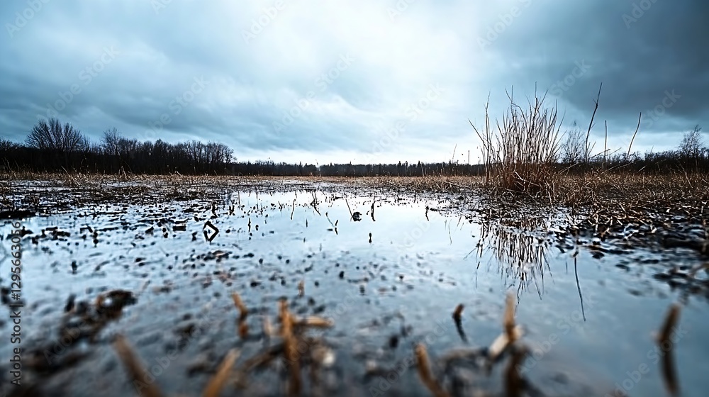 Poster moody landscape reflection of bare trees in water under stormy sky with gloomy atmosphere : generati