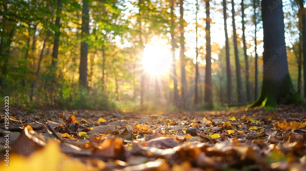 Poster beautiful autumn forest scene with sun rays shining through colorful trees and leaves scattered on t