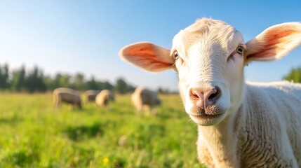 Fototapeta premium Curious sheep looking at the camera in a vibrant green field during a sunny day : Generative AI