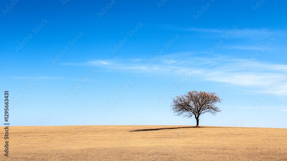 Poster Isolated Tree Standing Out on a Dry Field Under a Clear Blue Sky in Autumn : Generative AI