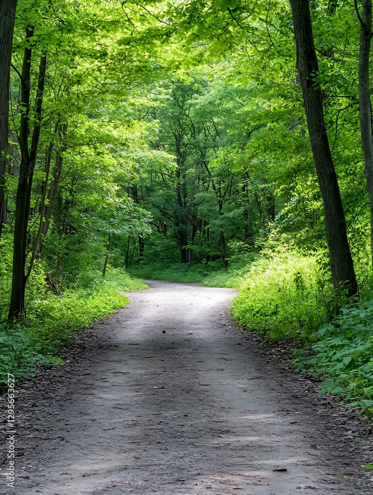 Poster Tranquil path winding through a lush green forest inviting exploration and serenity : Generative AI
