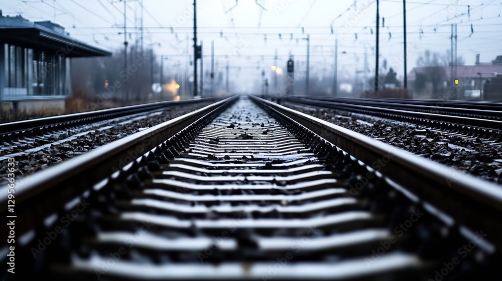 Poster railway tracks leading into the distance on a foggy day reflecting a sense of solitude : generative 