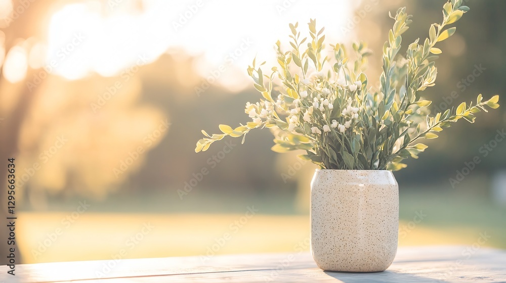 Poster charming flower arrangement in a simple vase captured in soft golden sunset light : generative ai