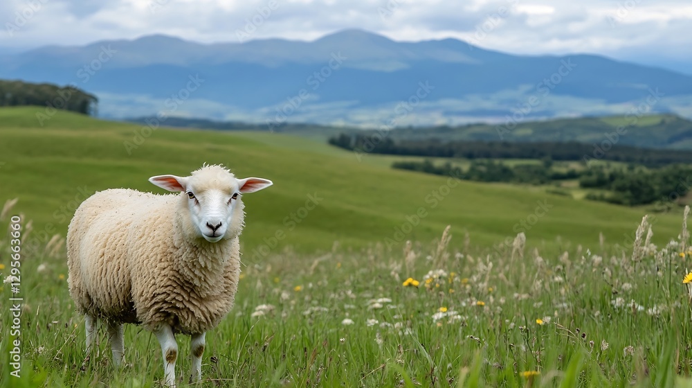 Poster adorable sheep grazing in lush green pasture with serene mountains in background : generative ai