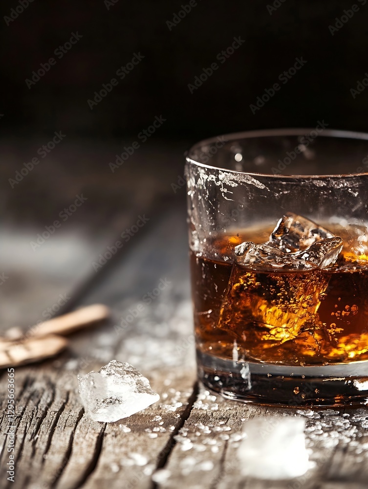 Poster rich brown whiskey with ice cubes in glass on rustic wooden table : generative ai