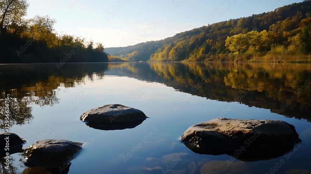 Poster calm river reflecting autumn landscape with stones on the shore in a peaceful setting : generative a