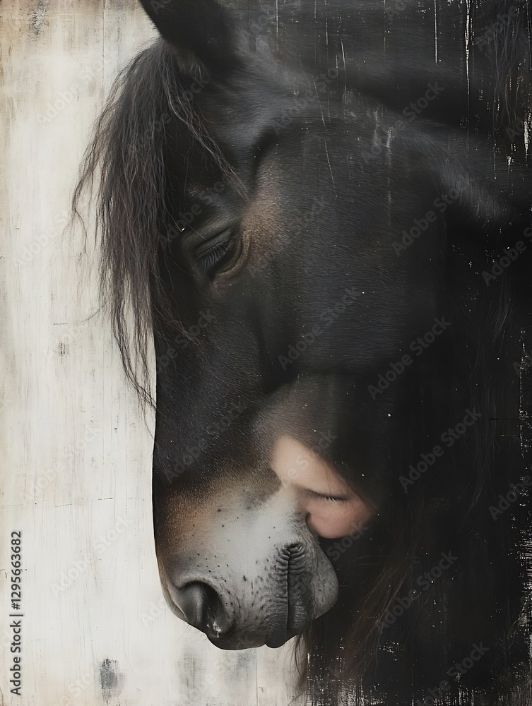 Aufkleber Artistic Image of a Horse Head Blended with a Human Face Reflecting Dreams in a Creative Approach : Generative AI