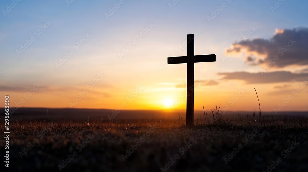Poster silhouette of a wooden cross against a sunset backdrop illuminating the field and landscape in a ser