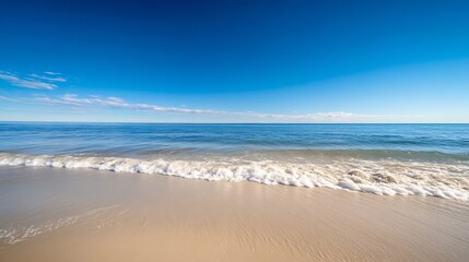 Fototapeta premium Peaceful beach view with clear blue water gently lapping against the sandy shore under bright skies : Generative AI