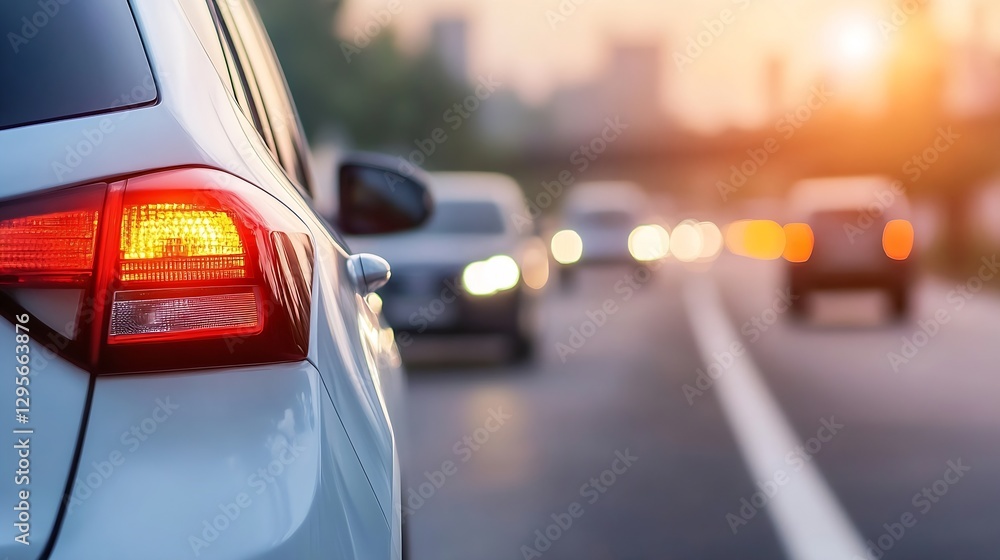Poster closeup of a car rear light with blurred traffic in the background during sunset : generative ai
