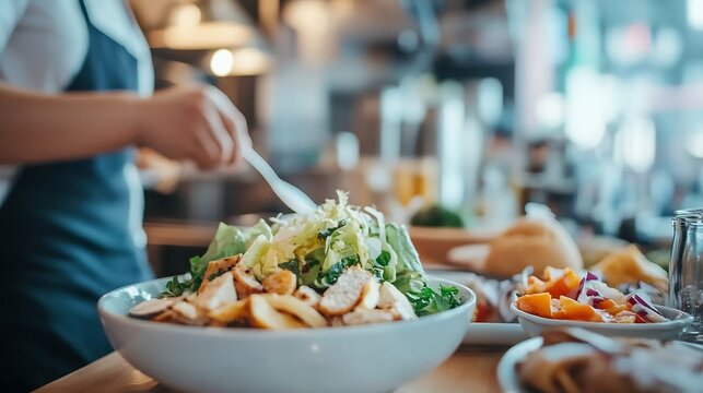 Freshly Prepared Salad with Grilled Chicken Served in a Bowl at a Modern Restaurant : Generative AI