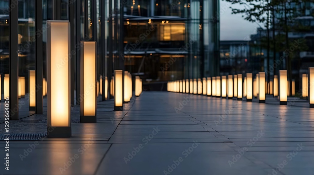 Aufkleber serene evening view of illuminated pathway lined with modern lights creating a calm urban atmosphere