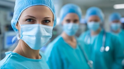 Medical team in scrubs and masks focused on patient care in a hospital setting : Generative AI