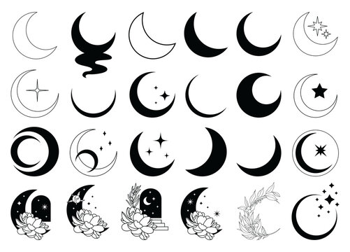 Moon, stars, moon phases, crystals, magic symbols. Vector set in oriental style. Line hand drawn illustration. Moon icons, moon design. Muslim arabian symbol. Shapes for design. Vector lunar set, sun