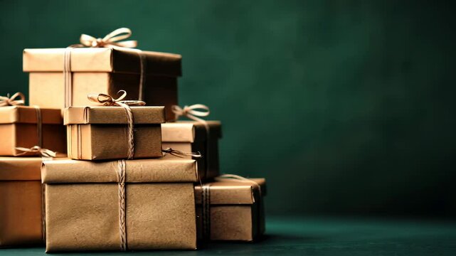 A Stack of Beautifully Wrapped Gifts on a Dark Green Background