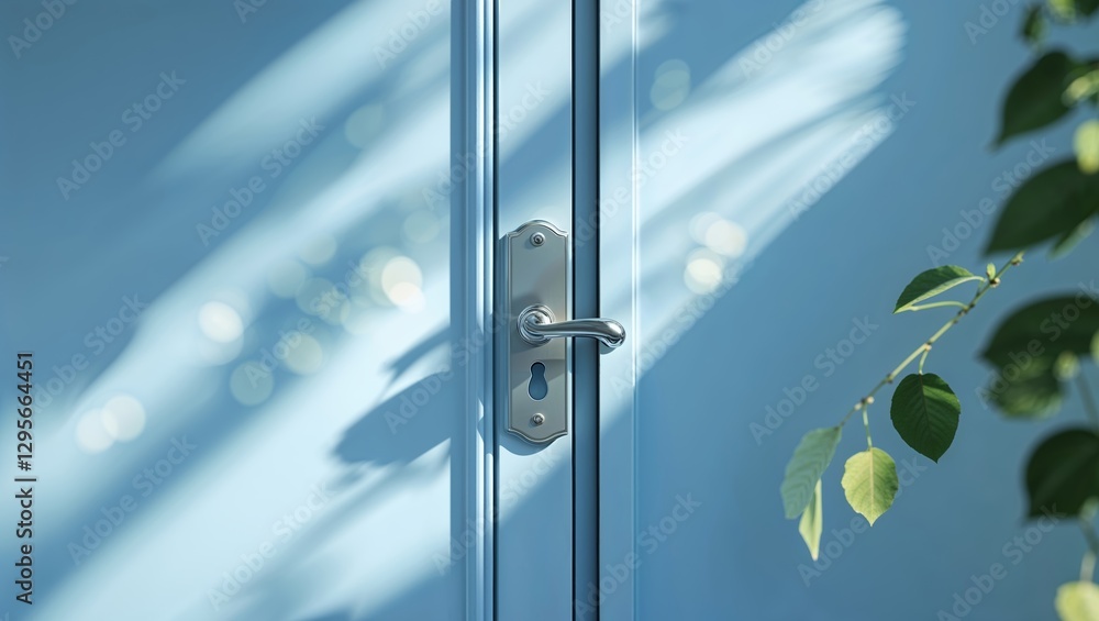 Poster sunlight streams through a partially open door with a sleek handle, illuminating fresh leaves agains