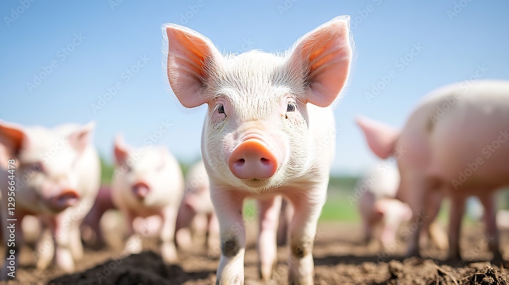 Poster Curious piglet looking at the camera with group of pigs in background under bright sky : Generative AI