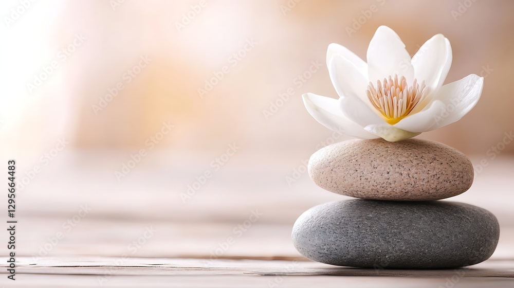 Poster Elegant stack of stones with a white lotus flower symbolizing harmony and tranquility in a serene environment : Generative AI