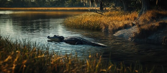 Majestic Alligator Gliding Through Serene Waters in a Lush Wetland Environment Surrounded by Vibrant Vegetation and Natural Landscape