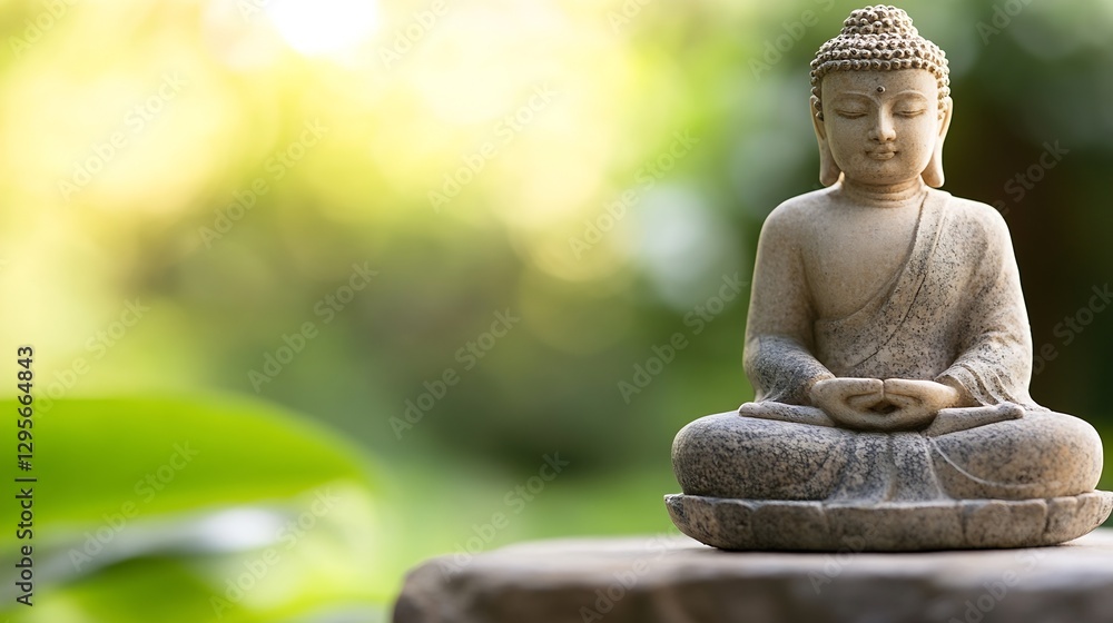 Poster serene buddha statue surrounded by nature in tranquil garden setting : generative ai
