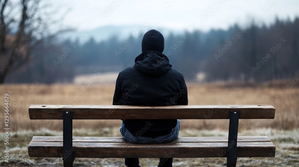 Poster lonely man sitting on bench staring at expansive nature : generative ai