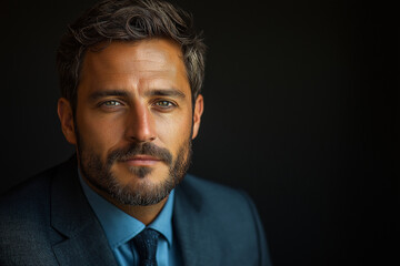 Fototapeta premium Professional Portrait of a 30-Year-Old Man in Suit and Tie – Sharp, High-Quality Photography with Black and Light Gray Background, Perfect for Business, Corporate, and Professional Branding