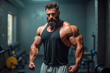 A dedicated athlete stands confidently in a gym, muscles bulging and showcasing incredible strength. The intense focus in his eyes reflects his passion for fitness and bodybuilding
