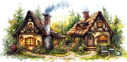 Fototapeta premium Watercolor Illustration of Enchanting Cottage Homes in Forest with Warm Light