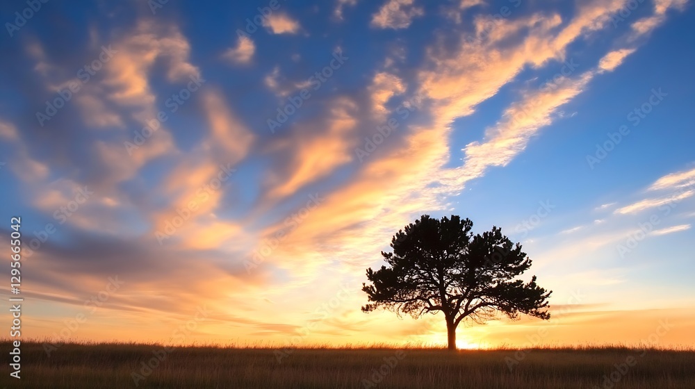 Poster Stunning sunset with vibrant clouds behind a lone tree in an open field creating a picturesque landscape : Generative AI
