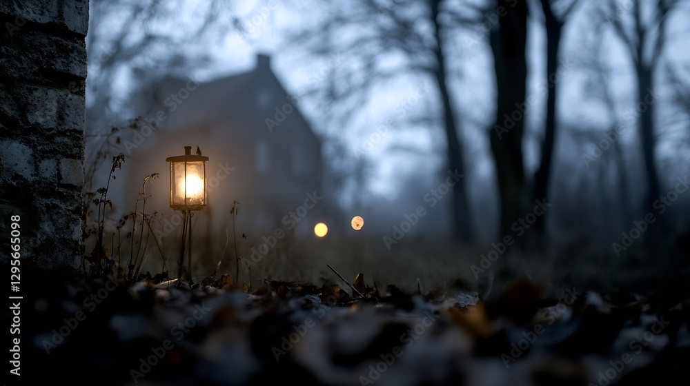 Poster mysterious evening landscape with lanterns and foggy background : generative ai