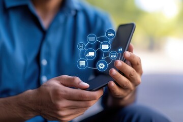 Digital transformation efficiency through big data. Person using smartphone with digital icons representing technology and data.