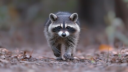 A raccoon walking on the ground in the woods