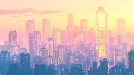 Fototapeta premium A cyberpunk city skyline at dawn, skyscrapers reflecting a dreamy gradient of soft pink, golden yellow, and deep indigo under the early morning light.