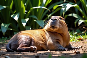 Obraz premium Capybara Relaxing in Sunlight with Lush Green Background
