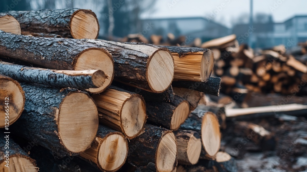 Poster stacked logs in a lumber yard showcasing the beauty of raw timber and forest resources : generative 