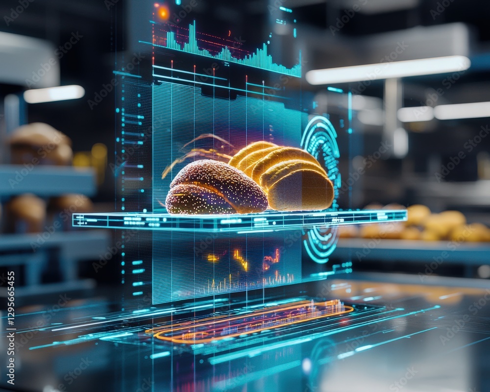 Poster a stunning digital bakery display showcasing futuristic technology, featuring holographic bread and 