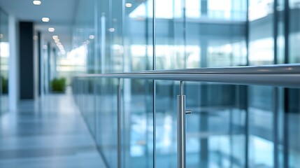 Modern office interior with sleek glass walls and contemporary design elements creating a professional atmosphere : Generative AI