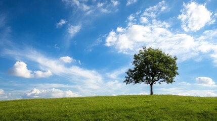 Obraz premium Lone tree standing on green hill against a blue sky with fluffy clouds representing nature and tranquility : Generative AI