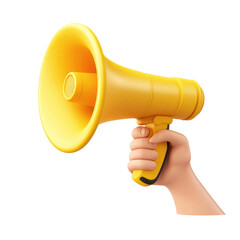 Cartoon Hand Holding a Bright Yellow Megaphone on transparent background, megaphone with hand png, megaphone png, 3d render magaphone