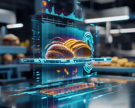 A stunning digital bakery display showcasing futuristic technology, featuring holographic bread and data visualization. Perfect for concepts in culinary innovation.