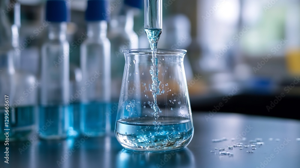 Poster Laboratory Experiment with Clear Liquid Pouring into Laboratory Beaker and Bubble Formation : Generative AI