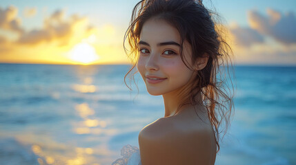 Korean woman in white dress smiling enjoying seaside on Isla Mujeres beach