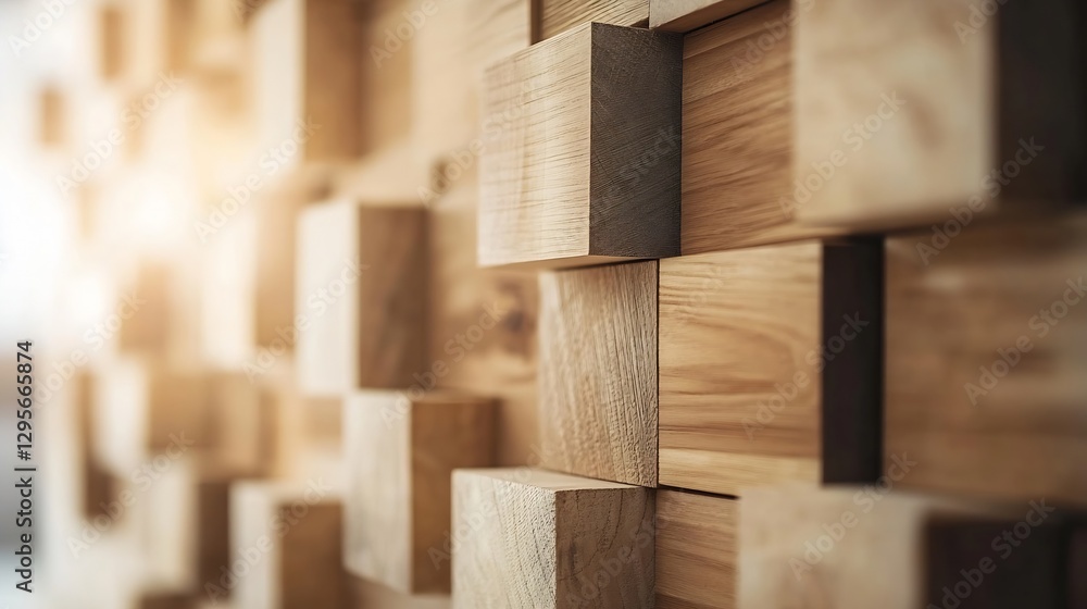 Aufkleber Closeup of a textured wooden wall showcasing unique block patterns and details : Generative AI