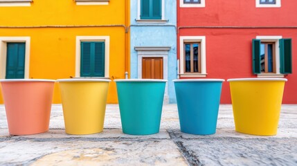 Fototapeta premium Colorful paper cups in front of colorful houses in Burano, Italy. Concept of travel, tourism, and vibrant culture.