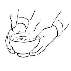 温かいスープの入ったお椀を運ぶ手のシンプルなイラスト